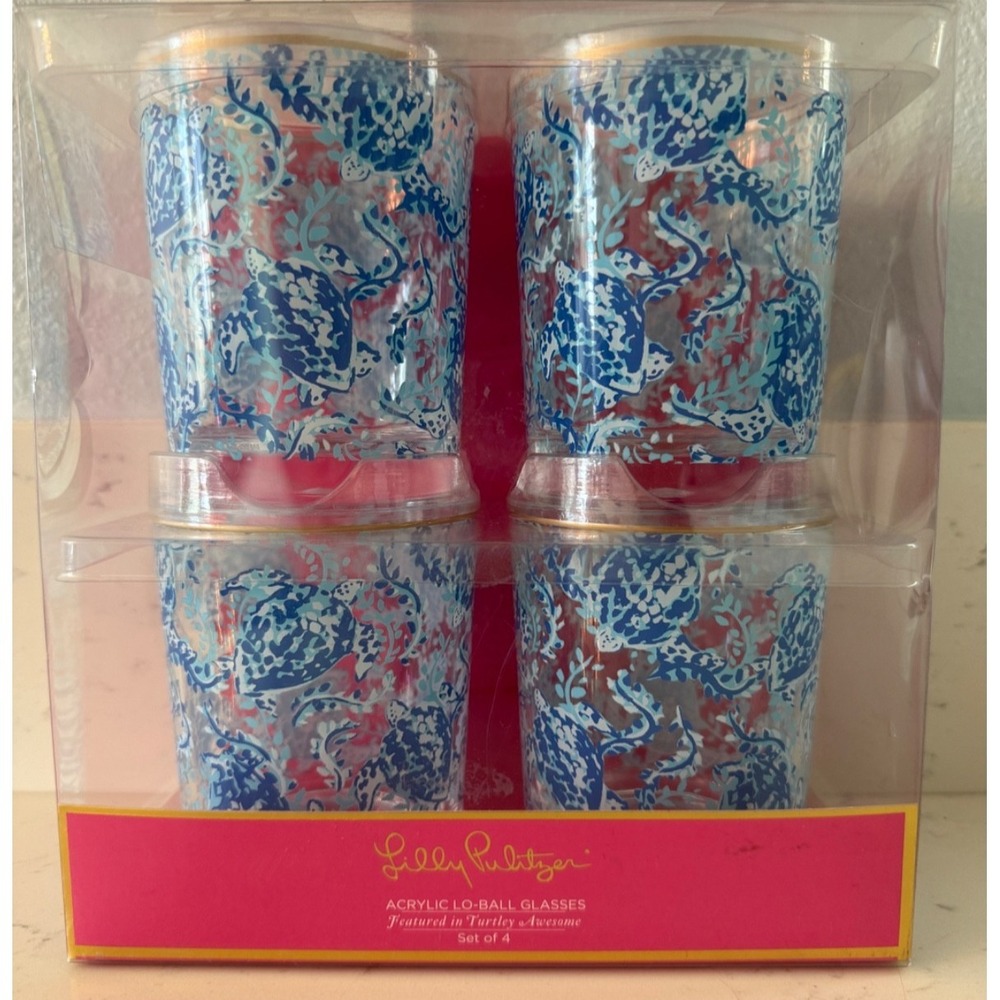 NEW IN BOX ~ Lilly Pulitzer Turtley Awesome Acrylic Lo-Ball Glasses ~ Set of 4